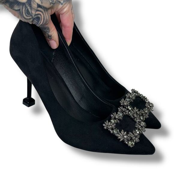 MEI TI MENG Black Embellished Pointed Toe Flared Heel Mengmei Stiletto Pumps - Picture 2 of 14